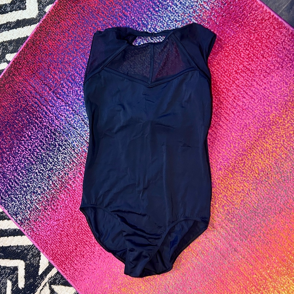 Open Back Black Leotard with Cage Mesh and Cap Sleeves - Picture 4 of 9